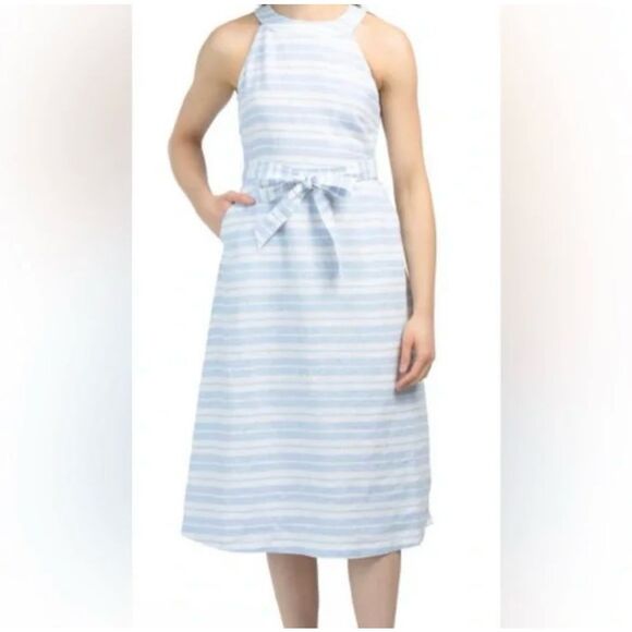 Sigrid Olsen 100% Linen A-line Halter striped Midi Dress Women’s S Blue/White - Picture 1 of 13